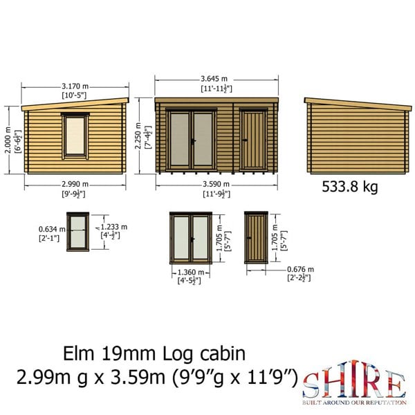 Shire Elm 10Gx12 Multiroom Pent Log Cabin 19mm interlock  Cladding - Best Shed