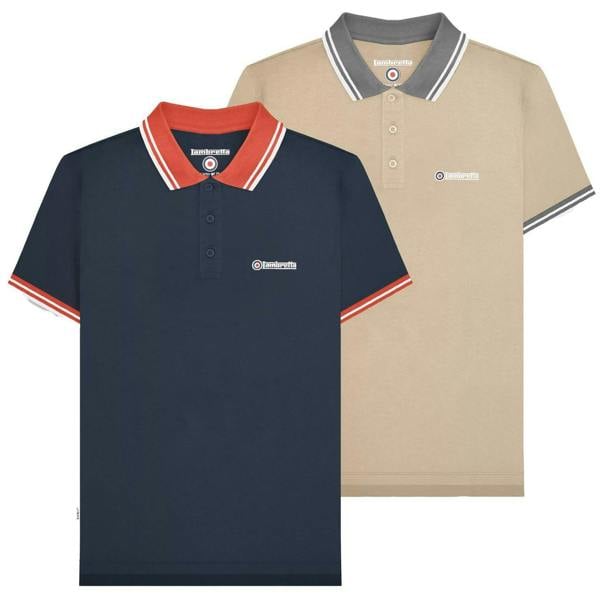 Lambretta Contrast Tipped Mens Mod Ska Casual Polo, two polo shirts in navy and beige with contrasting striped collars and sleeves, featuring the Lambretta logo on the chest.