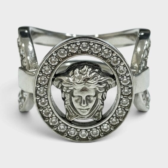 Versace Medusa Crystal Embellished Ring Silver Tone