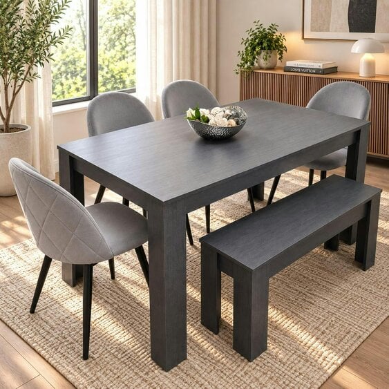Kosy Koala Dark Grey Arrow Pattern Dining Table Set with 4 Grey Velvet Chairs & Bench, 140x80x75cm