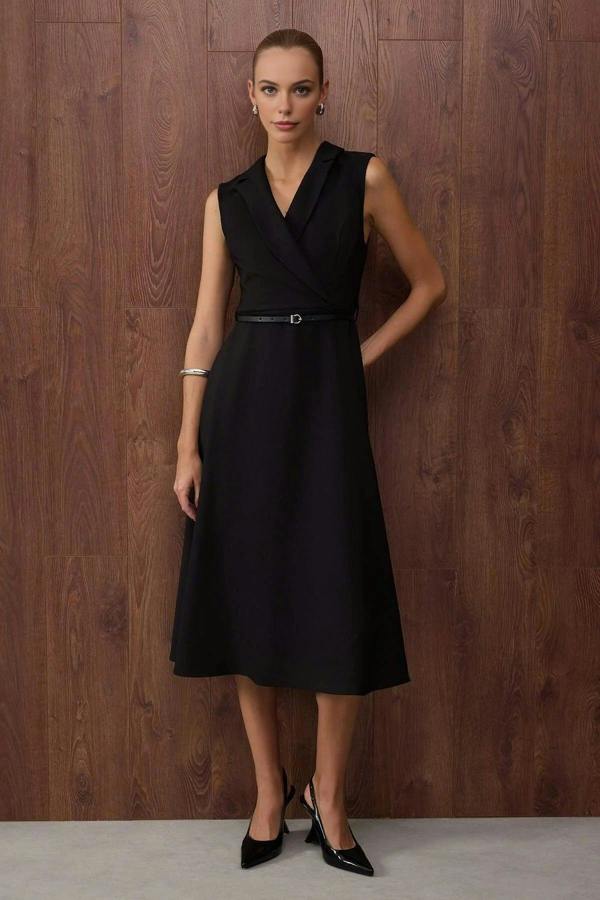 WOVCOR Belt Detail Midi Woven Dress