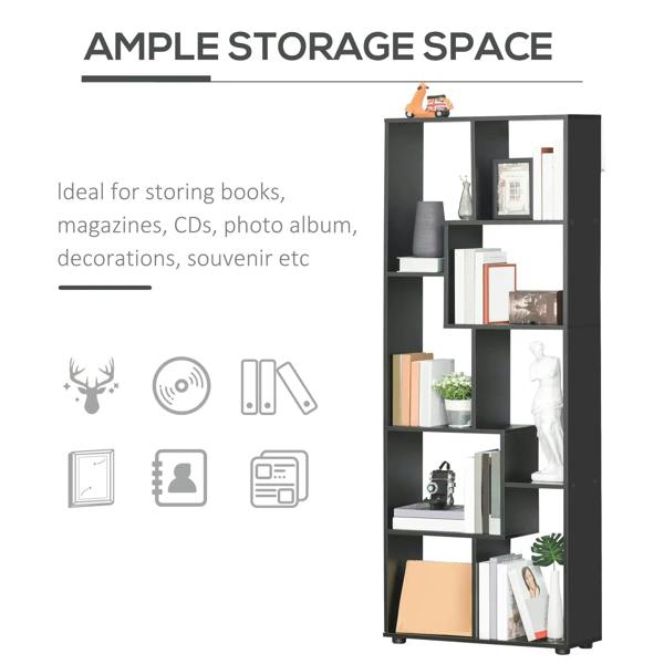 Black 8-tier bookcase with open cubby shelving for books, albums, and decor