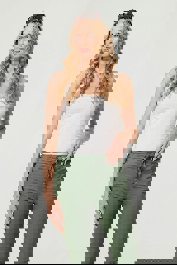 Khaki | Tie Waist Slim Cropped Trousers
