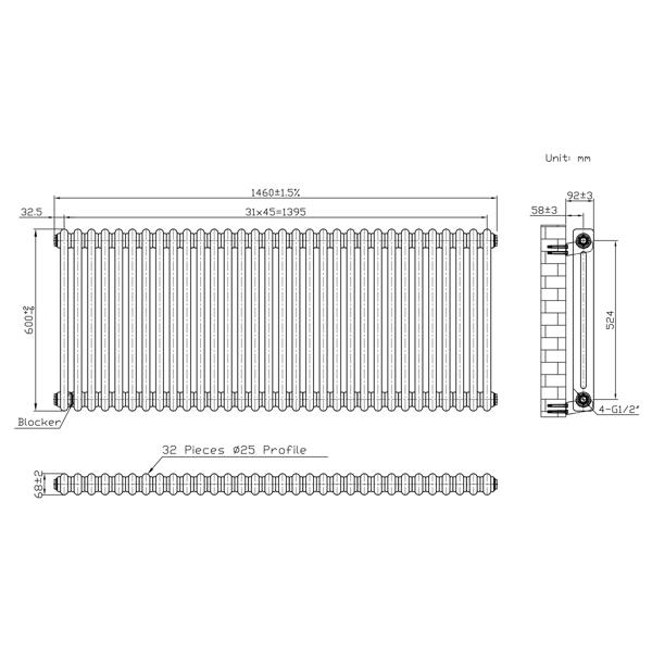 Monstershop Traditional 2 Column Radiator - 600 x 1460mm - Raw Metal