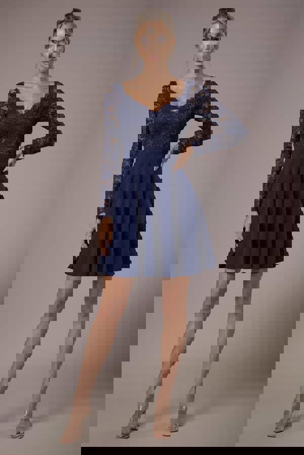 Off The Shoulder Lace Skater Mini Dress - Navy Blue DR2563C