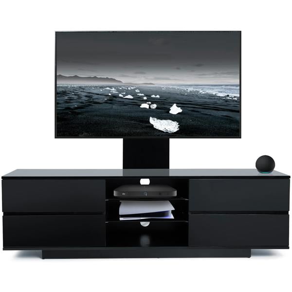 Homeology Avitus Gloss Black with 4-Black Drawers and 3-Shelves up to 65" LED/LCD/Plasma TV Stand with Mounting Arm
