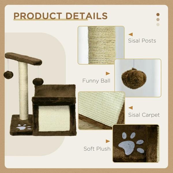 Brown cat tree details: sisal posts and carpet, plush base, and dangling ball