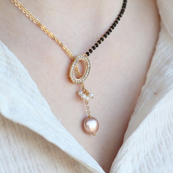 The Colourful Aura Half Black Bead Gold plated Oval Pearl Y shape Lariat Mangalsutra