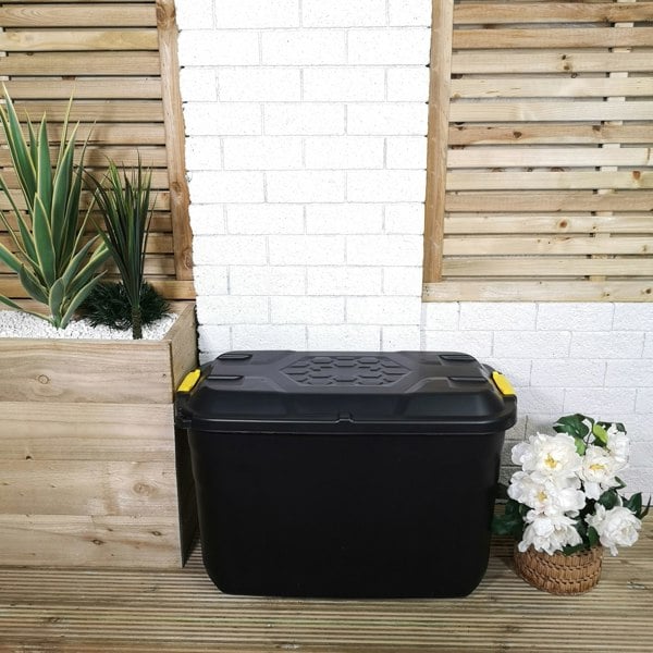 Samuel Alexander 110L Heavy Duty Trunk on Wheels Sturdy, Lockable, Stackable and Nestable Design Storage Chest with Clips in Black