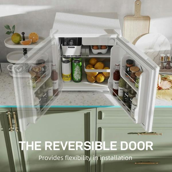 Open cream mini fridge showing interior compartments and side ice area