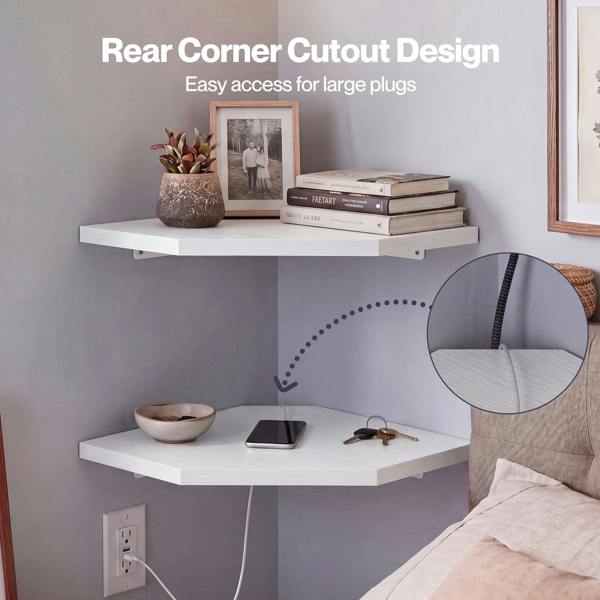 Levede 2 Pack Floating Corner Shelves Cable Cut-Out Wall Mounted Storage White