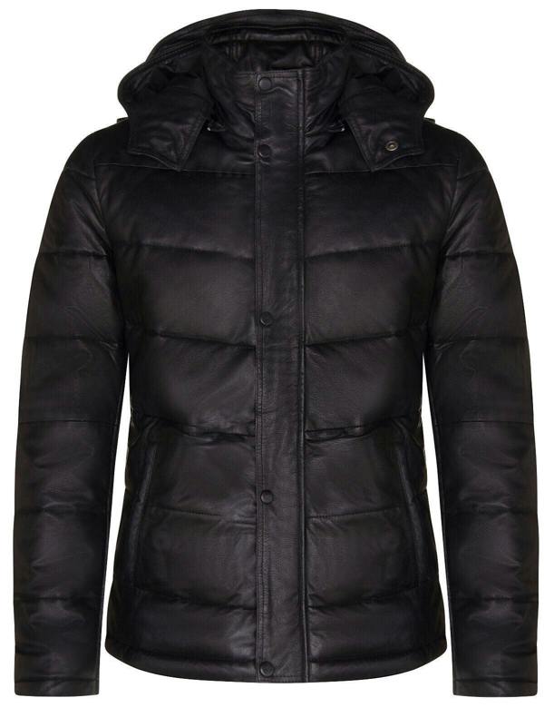 Infinity Leather Mens Black Puffer Leather Quilted Warm Bomber Hooded Jacket