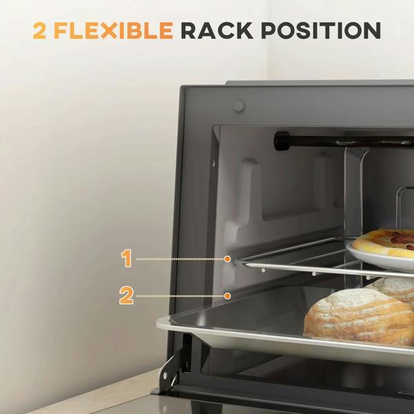 Grey mini oven interior showing flexible rack positions with pizza on the wire rack.