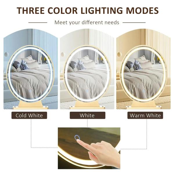 Oval LED mirror vanity desk graphic showing three lighting modes: cold, white, warm
