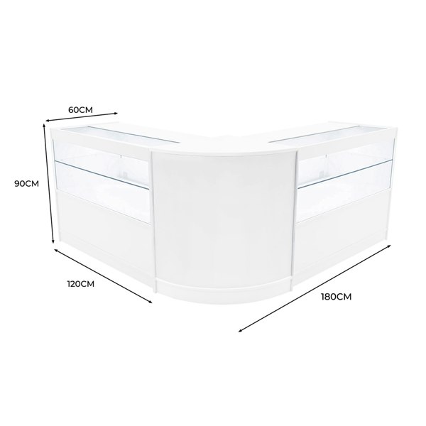 Curved white LED shop counter set with glass display sections, measuring 60cm by 180cm, ideal for retail environments