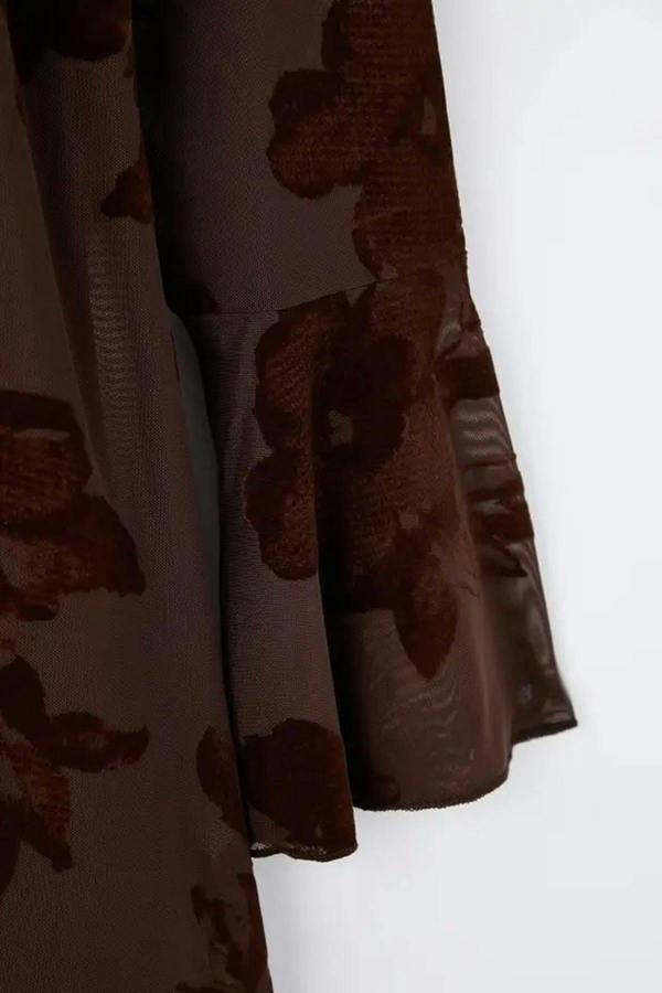 WOVCOR Flock Print Bodycon Mini Dress with Tulle Flare Sleeves