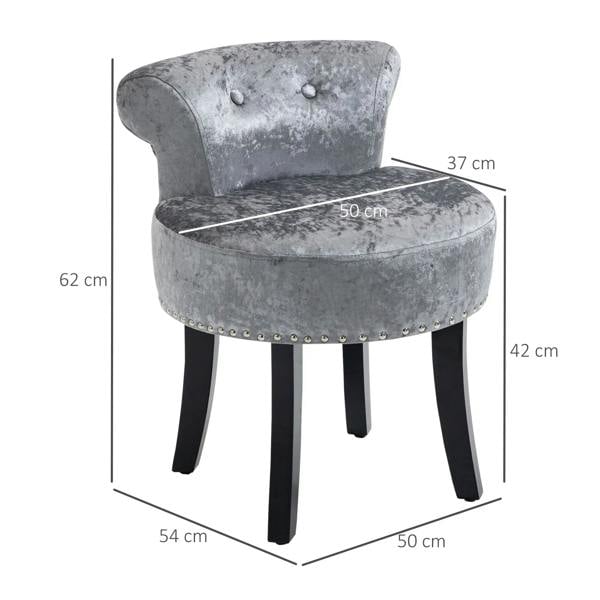 Grey ice-velvet vanity stool with tufted seat and back, studded trim, black legs