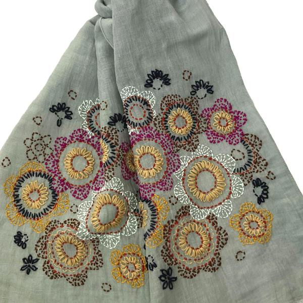 Hayley & Co Hand Embroidered 100% Linen Scarf in Grey Floral
