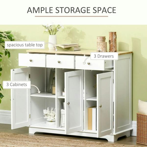 White sideboard open front showing two compartments and shelving behind three cabinet doors