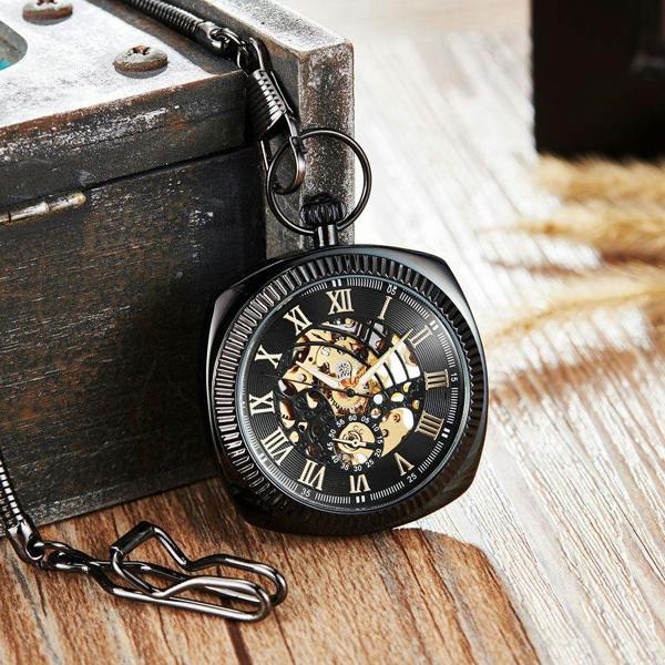 Infinity Leather Mechanical Vintage Skeleton Square Open-Face Pocket Watch