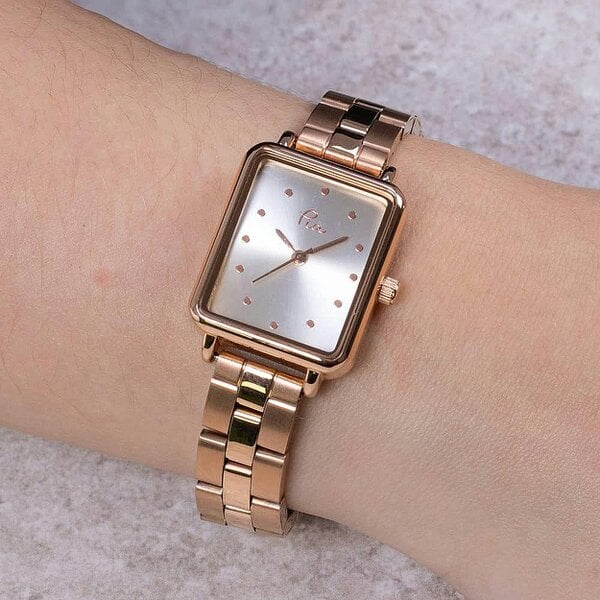 Pia Rose Gold-Tone Watch, Link Bracelet Strap, Square Case, Analogue