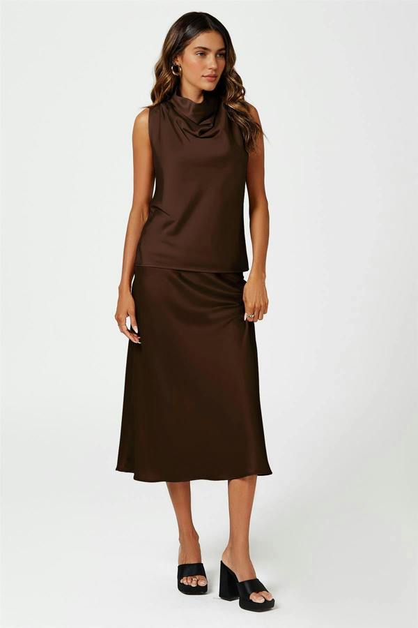FS Collection Satin High Neck Sleeveless Blouse In Brown
