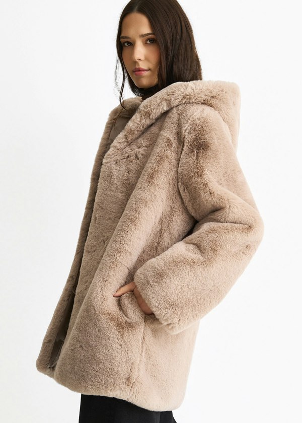 Gini London Mink Hooded Long Sleeve Faux Fur Jacket