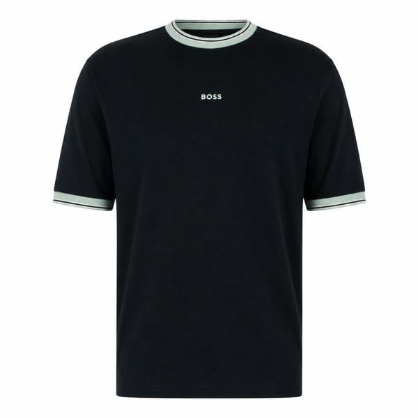 Dark navy BOSS T-shirt with short sleeves, featuring light green and white tipped crew neck and sleeve cuffs.