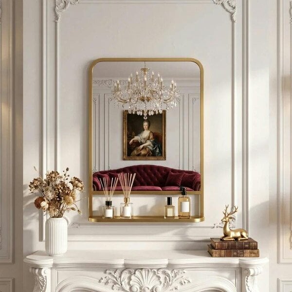 Bobobiy Modern Rectangular Wall Mirror with Storage Shelf, 70 x 50 cm, Gold Tone