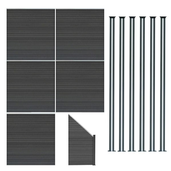 Monstershop Composite Fence Panels x 5, Angled Piece & LED Posts x 6 - Grey