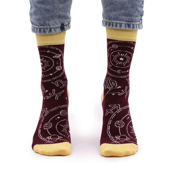 Burgundy bamboo crew socks with zodiac icons; mustard toe and cuff trim.