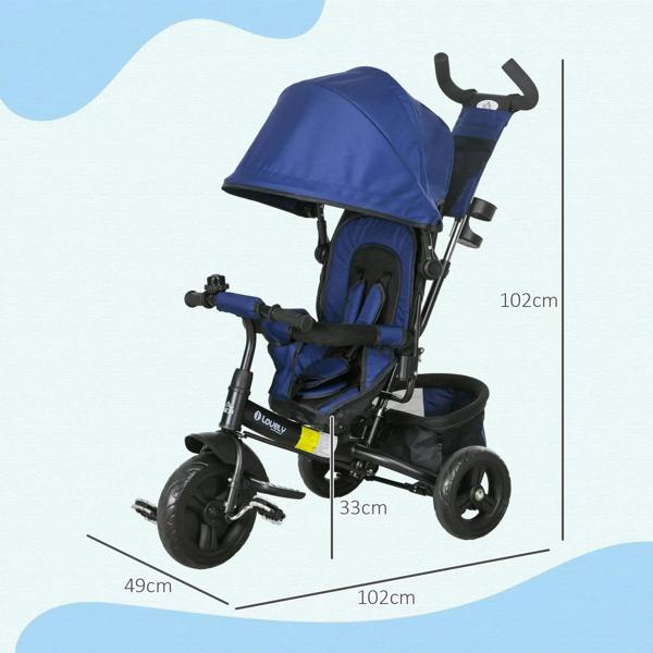 Kids trike push bike with dark blue canopy, front handlebars, and footrest
