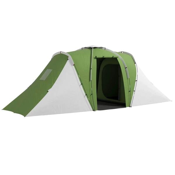 Green and white tunnel camping tent with open front door and side ventilation panel
