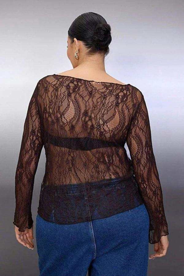 WOVCOR Regular Fit Boat Neck Lace Knit Plus Size Blouse