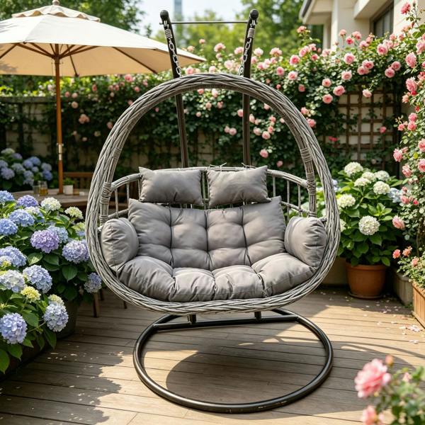 Fimous Rattan Hammock Garden 2 Person Hanging Egg Chair Indoor Outdoor Patio Furniture with Grey Cushion