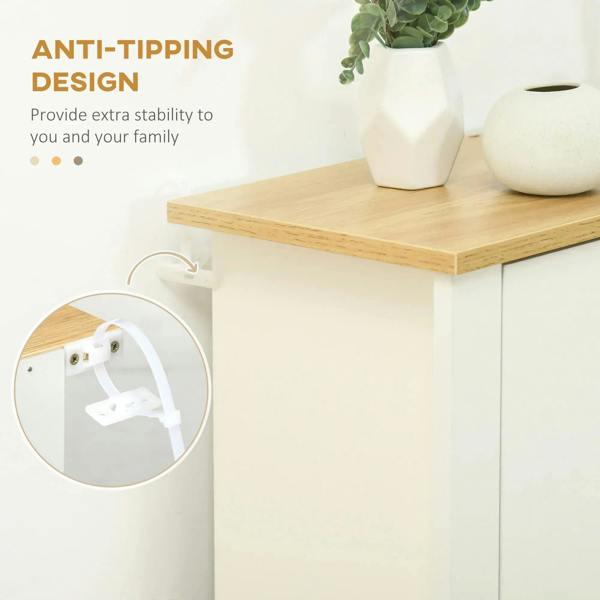 Anti-tipping wall anchor bracket on white shoe cabinet