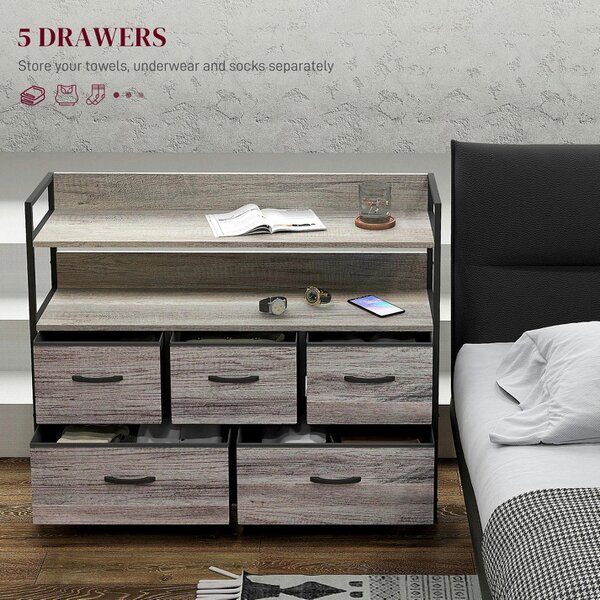 Wyld Haus Rimo Fabric And Wood Grey Wood Effect 5 Drawer Rustic Storage Chest