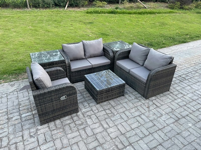 Fimous 6 Piece Garden Furniture Sets 5 Seater Outdoor Patio Furniture Set Weaving Wicker Rattan Sofa Chair and Table with 2 Side Tables