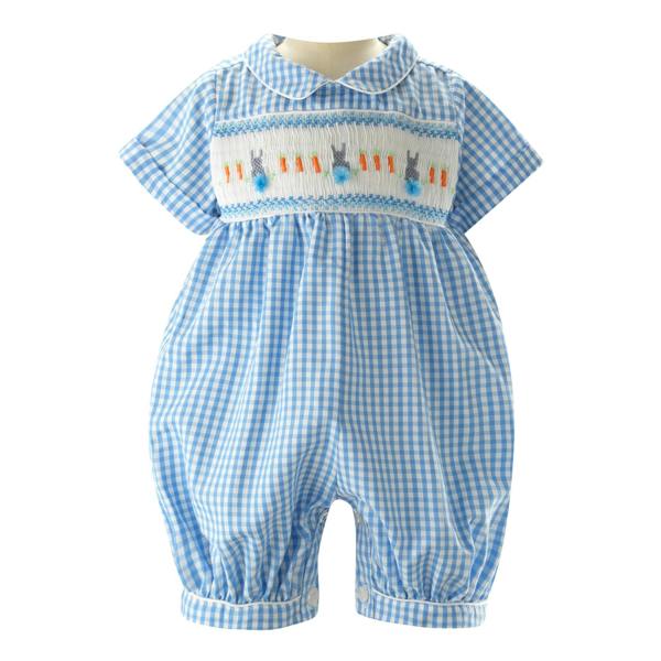 Rachel Riley Blue Gingham Bunny Smocked Babysuit