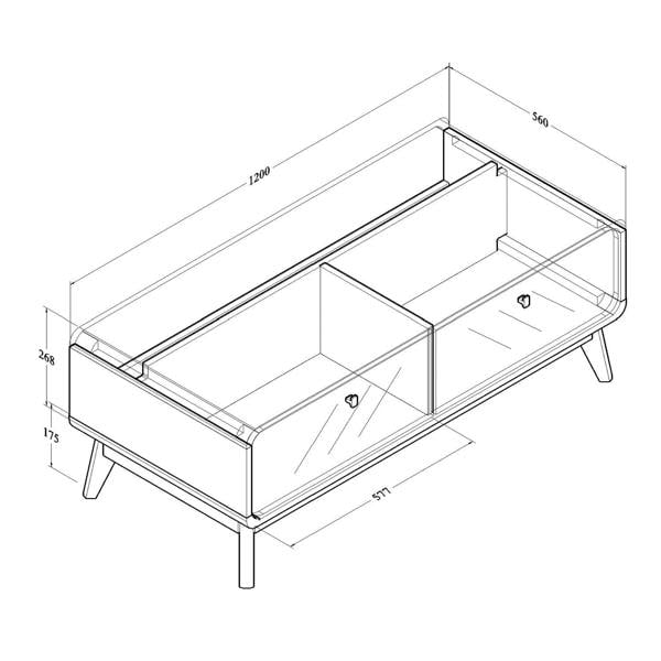 All internal and external dimensions of the coffee table.