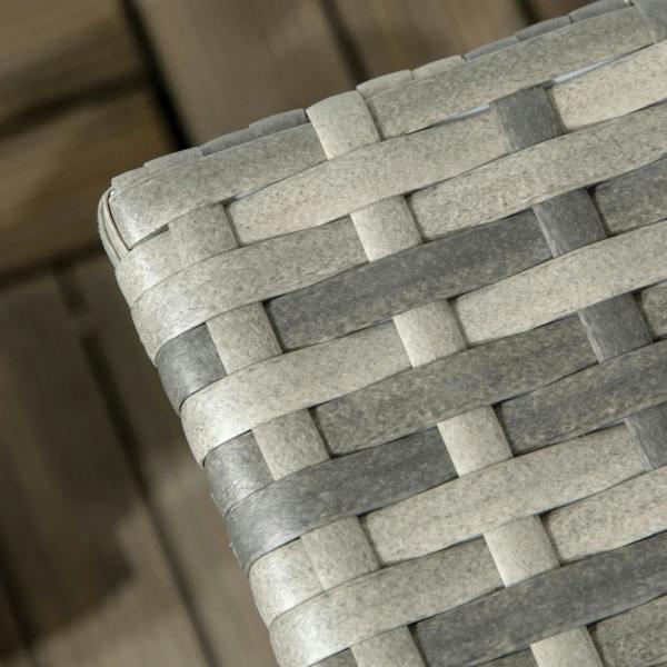 Grey woven rattan tabletop corner with thick protective edge trim