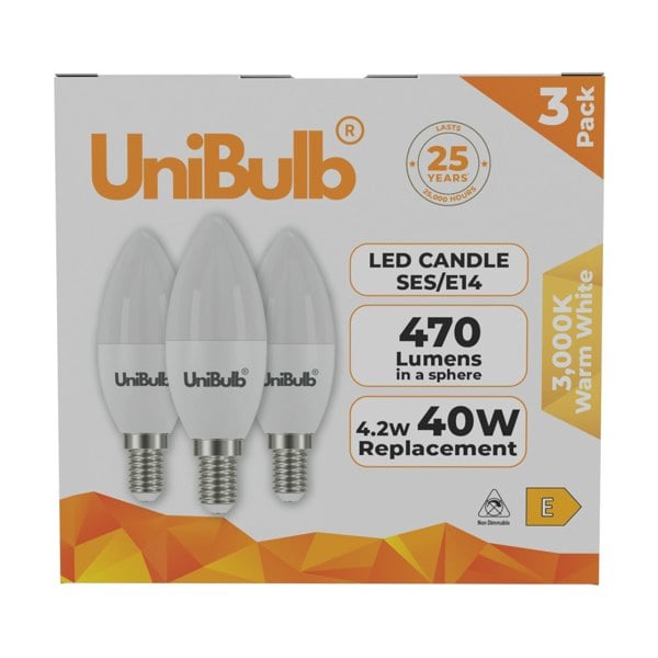 UniBulb LED Candle E14 (SES) 470lm 4.2W 3000K (Warm White)  - Pack of 3 front