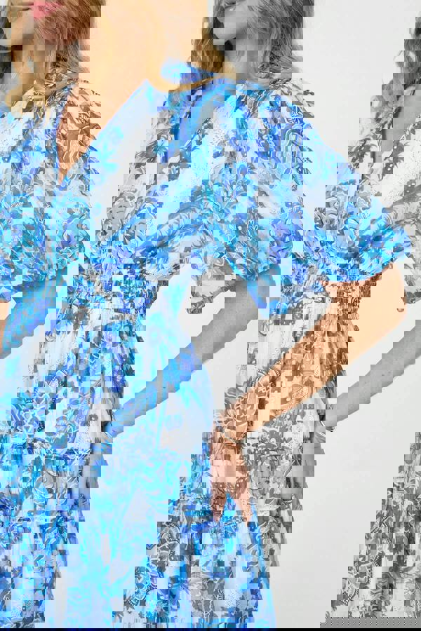 Blue | Floral Tiered Puff Sleeve Midi Dress