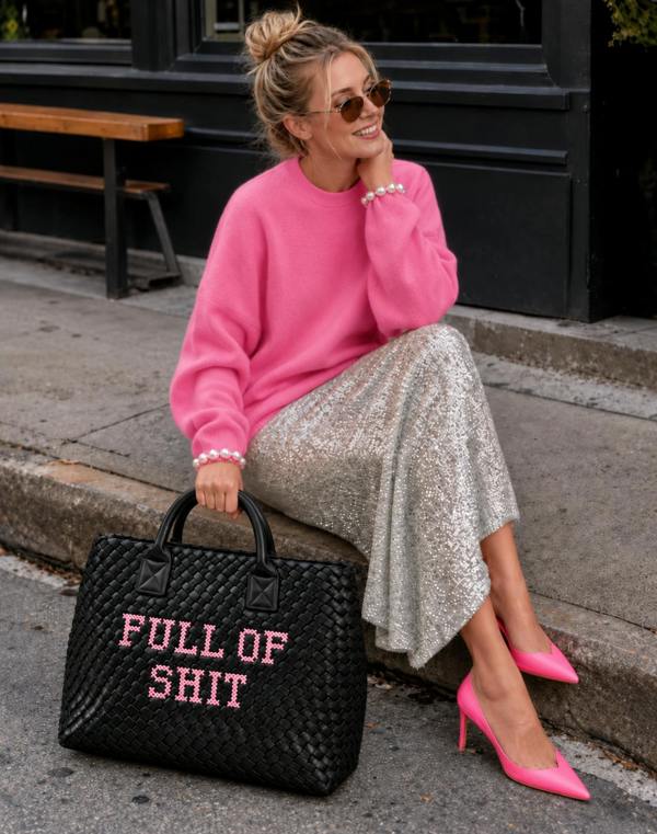 Lilly Loves Vegan Pink FULL OF SHIT woven Handbag