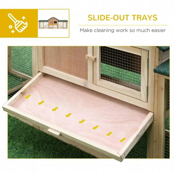 Wooden rabbit hutch with run featuring a slide-out cleaning tray and wire front panels