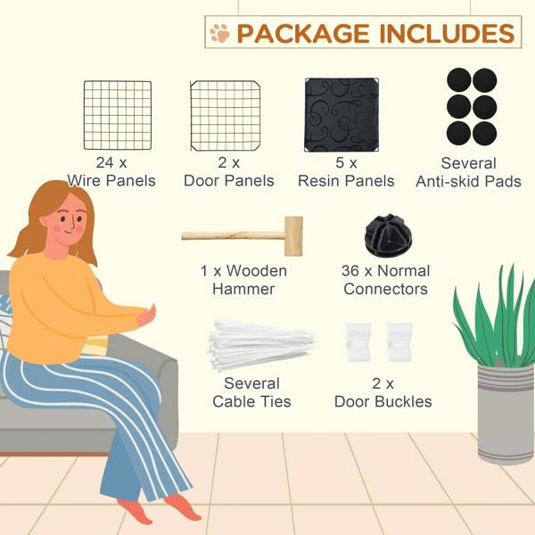 Playpen package includes wire panels, door panels, anti-skid resin mats, and connectors