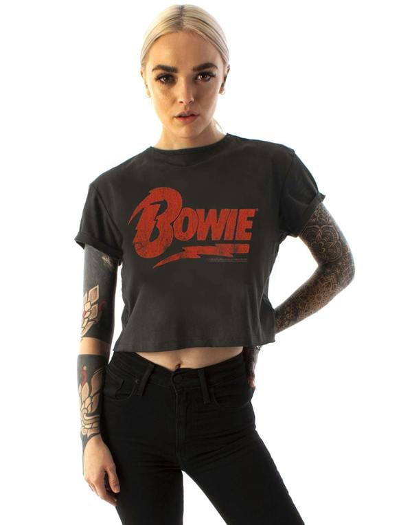 Amplified Clothing Womens Grey David Bowie Cropped Short Sleeved T-Shirt