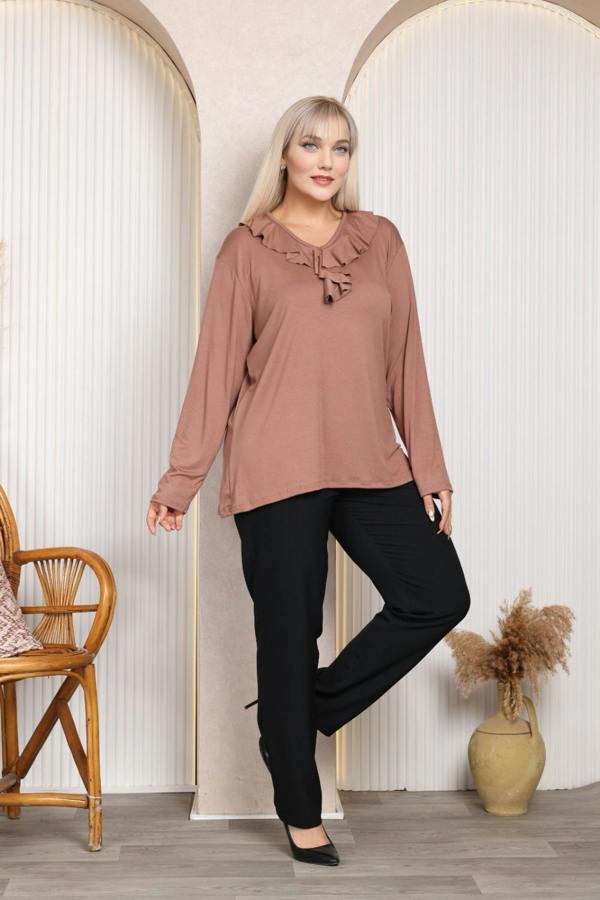 Hoxton Gal Relaxed Fit Long Sleeve Elegant Blouse with Ruffle Neckline