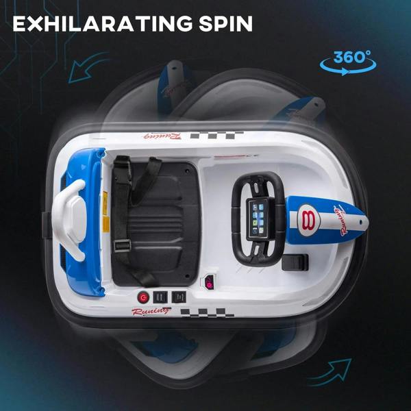 Electric bumper car cockpit view, white frame with blue side panels and control area
