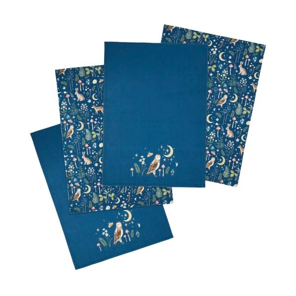 Catherine Lansfield Enchanted Twilight Animals Cotton Kitchen Tea Towel Pack of 4 Navy Blue